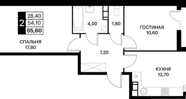 2-к. квартира, 55&nbsp;м²