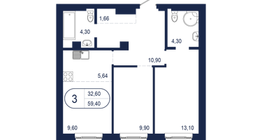 3-к. квартира, 59&nbsp;м²