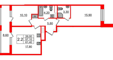2-к. квартира, 57 м²