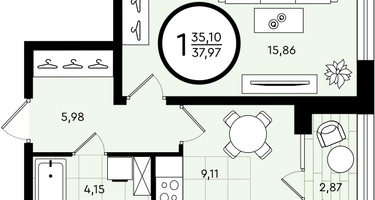 1-к. квартира, 37 м²