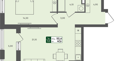 1-к. квартира, 52 м²