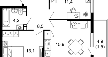 2-к. квартира, 54&nbsp;м²