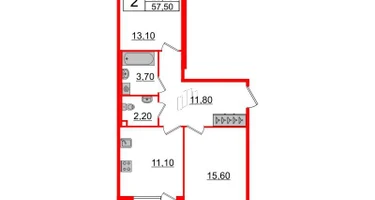 2-к. квартира, 57 м²