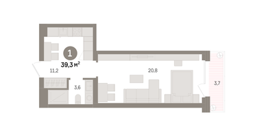 1-к. квартира, 39&nbsp;м²