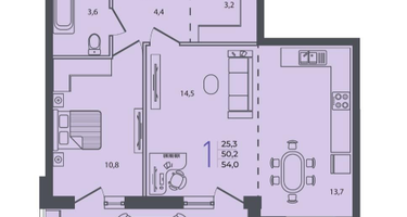 1-к. квартира, 54&nbsp;м²
