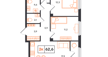 2-к. квартира, 62&nbsp;м²