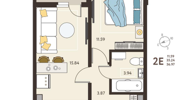 1-к. квартира, 36&nbsp;м²