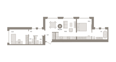 2-к. квартира, 74 м²