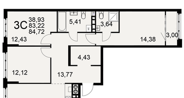 3-к. квартира, 83&nbsp;м²