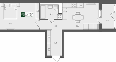 1-к. квартира, 55&nbsp;м²