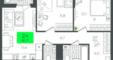 2-к. квартира, 61&nbsp;м²