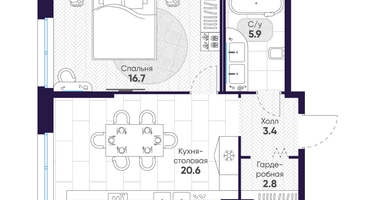 1-к. квартира, 49&nbsp;м²