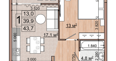 1-к. квартира, 43&nbsp;м²