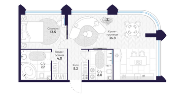 1-к. квартира, 73 м²