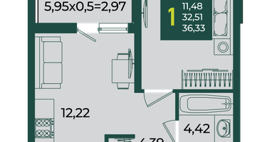 1-к. квартира, 36 м²