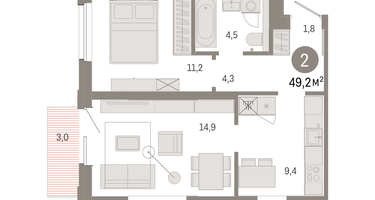 2-к. квартира, 49 м²