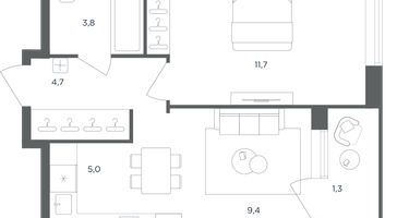 1-к. квартира, 34&nbsp;м²