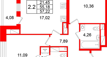 2-к. квартира, 55 м²