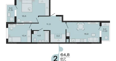 2-к. квартира, 64&nbsp;м²