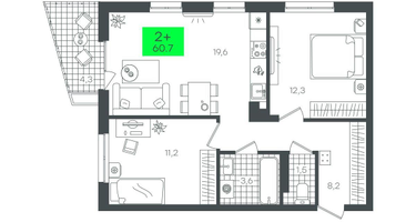 2-к. квартира, 60 м²