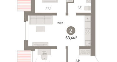 2-к. квартира, 63 м²