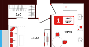 1-к. квартира, 39 м²