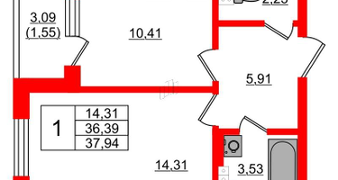 1-к. квартира, 37&nbsp;м²