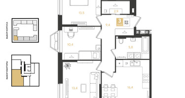 3-к. квартира, 75&nbsp;м²