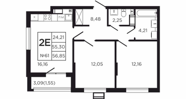 2-к. квартира, 58&nbsp;м²