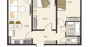 2-к. квартира, 59 м²
