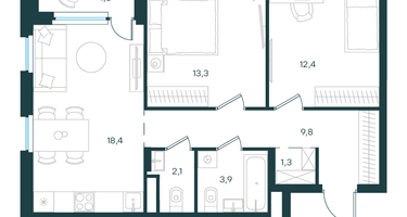 2-к. квартира, 62 м²