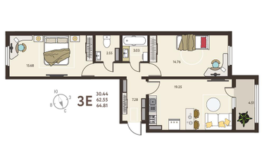 2-к. квартира, 64&nbsp;м²