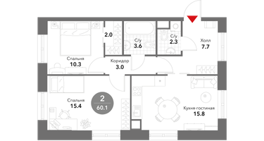 2-к. квартира, 60 м²