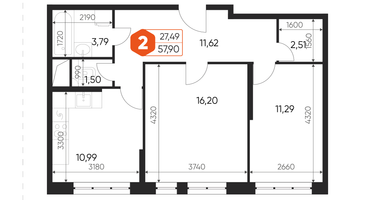 2-к. квартира, 57&nbsp;м²