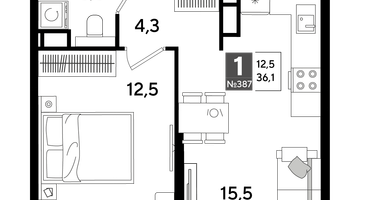 1-к. квартира, 35&nbsp;м²