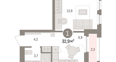 1-к. квартира, 32&nbsp;м²