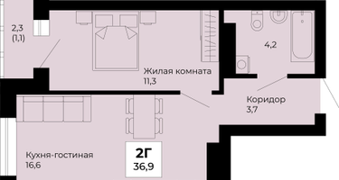 1-к. квартира, 36&nbsp;м²