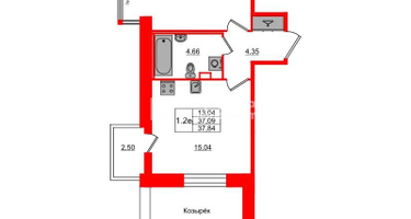 1-к. квартира, 37&nbsp;м²