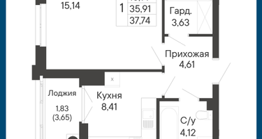 1-к. квартира, 37&nbsp;м²