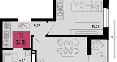1-к. квартира, 34&nbsp;м²