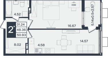 2-к. квартира, 50&nbsp;м²