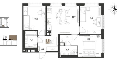 3-к. квартира, 68&nbsp;м²