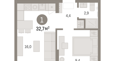 1-к. квартира, 32 м²