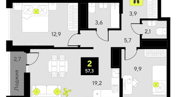 2-к. квартира, 57&nbsp;м²