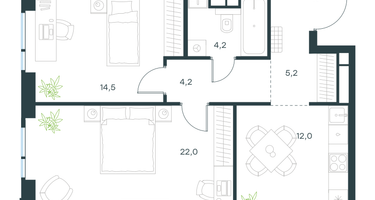 2-к. квартира, 62 м²