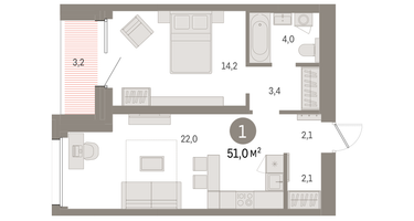 1-к. квартира, 51&nbsp;м²