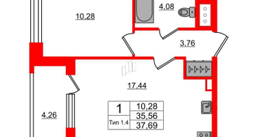 1-к. квартира, 35 м²