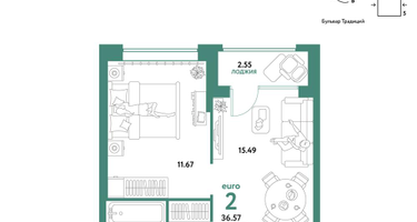 2-к. квартира, 36 м²