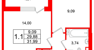 1-к. квартира, 29&nbsp;м²