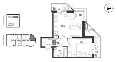 1-к. квартира, 49&nbsp;м²